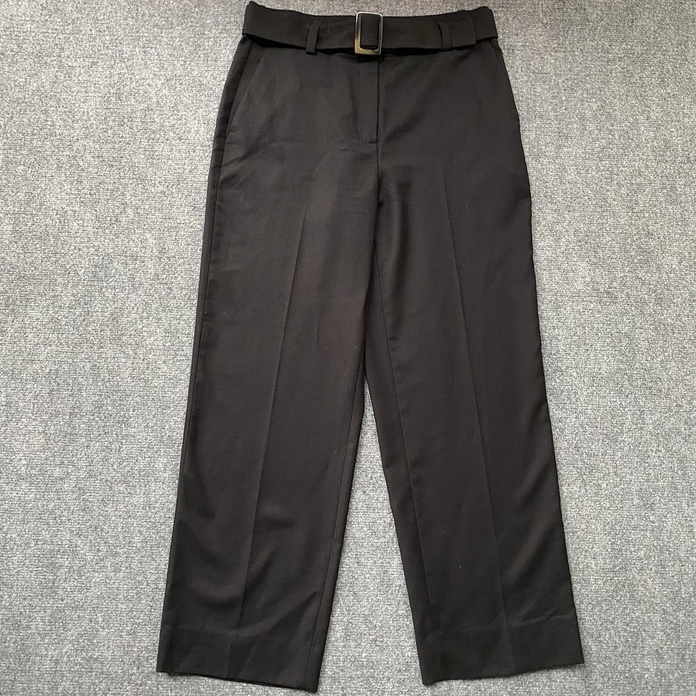 Massimo Dutti Dress Pants Size 8 Black Wool Tweed Belted Wide Leg Minimalist